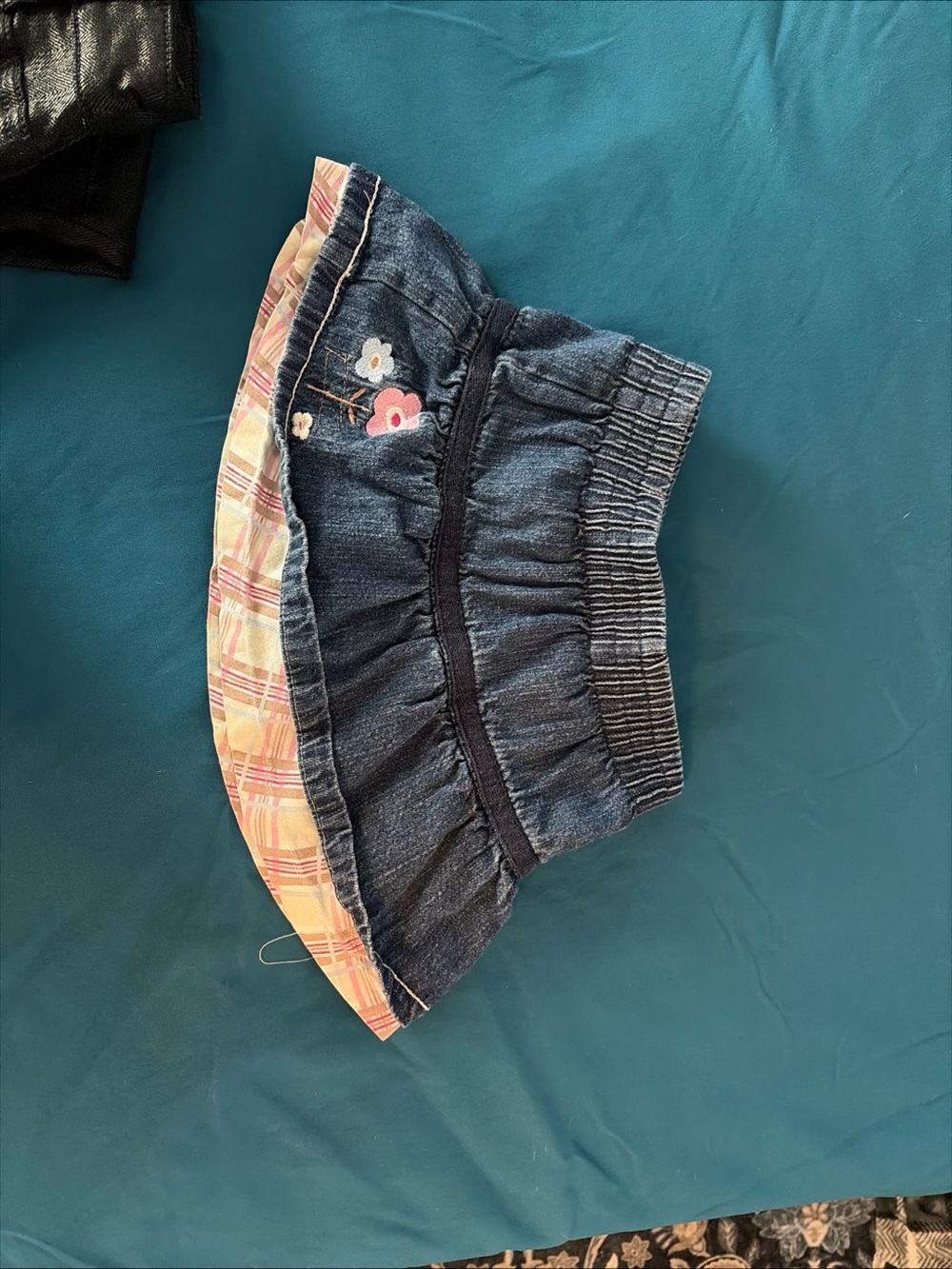 Disney Dark Blue Denim Skirt with Plaid Hem and Floral Embroidery